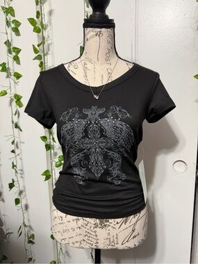 Black Graphic Winged Cross Baby Tee - Women